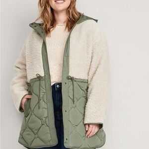 Old Navy Hooded Sherpa Quilted Hybrid Coat – XL Petite – Olive/ Cream